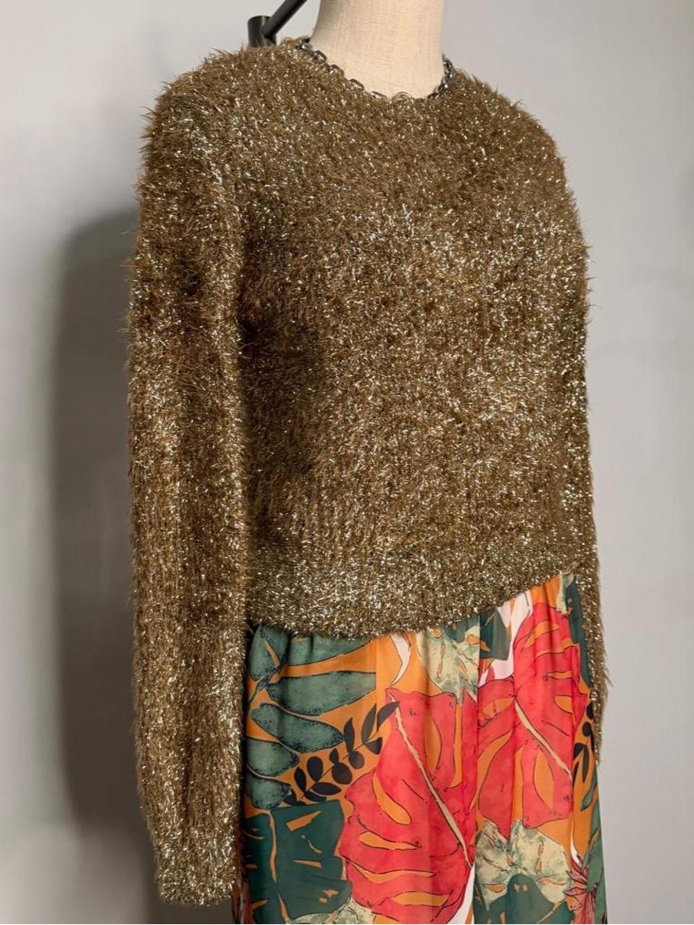 RACHEL Rachel Roy Metallic Brown Fuzzy Crewneck Sweater